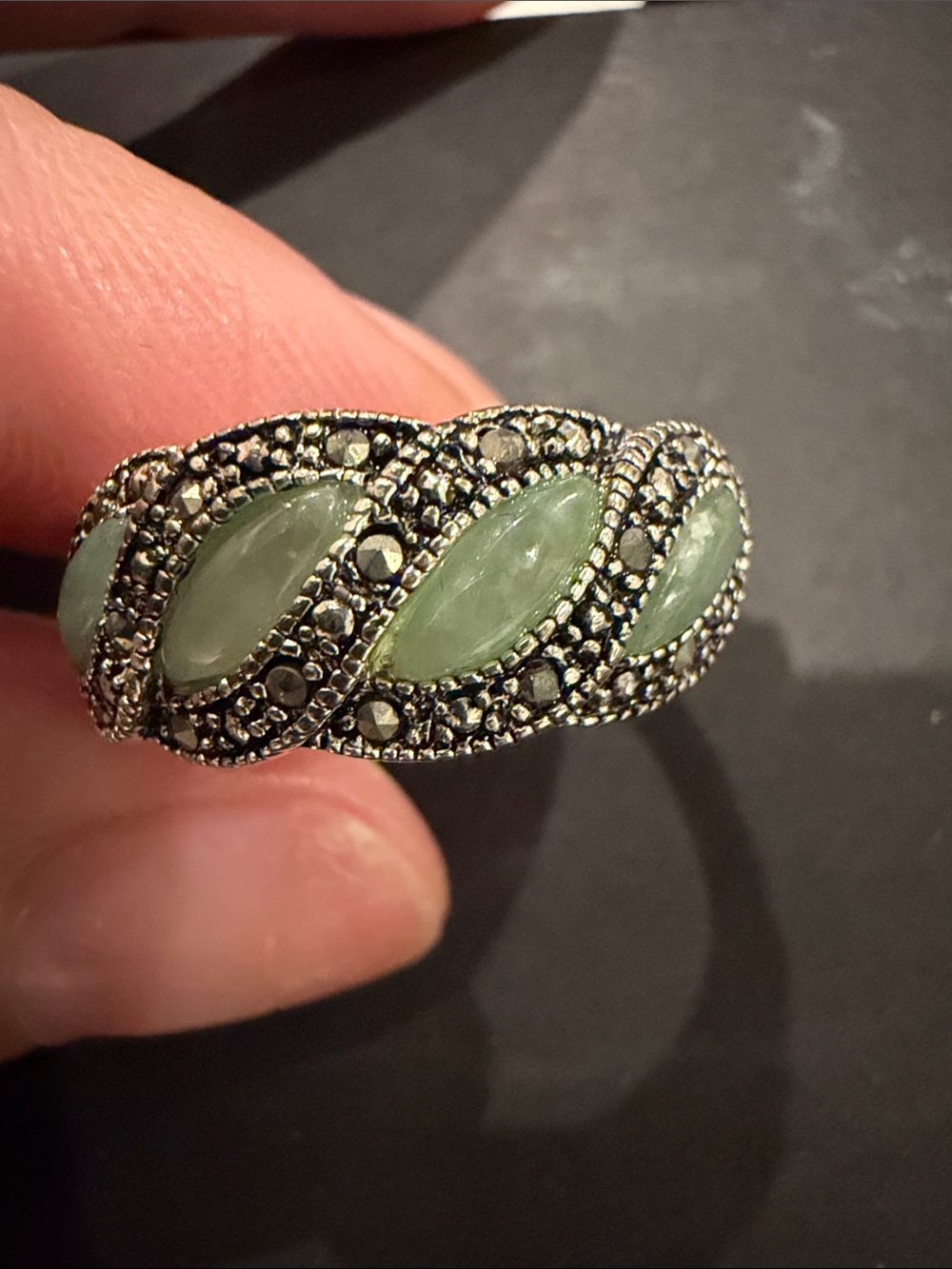 Avon Silver Ring with Light Green Enamel and Clear Crystals